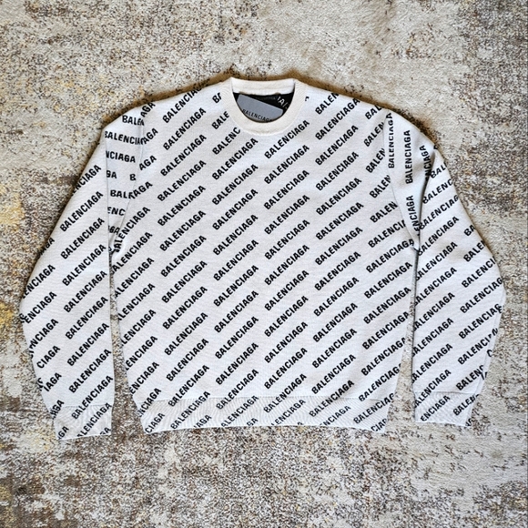 Balenciaga L XL White Chalk All Over Mini Logo Print Knit Sweater Wool Cotton IT - Picture 1 of 16